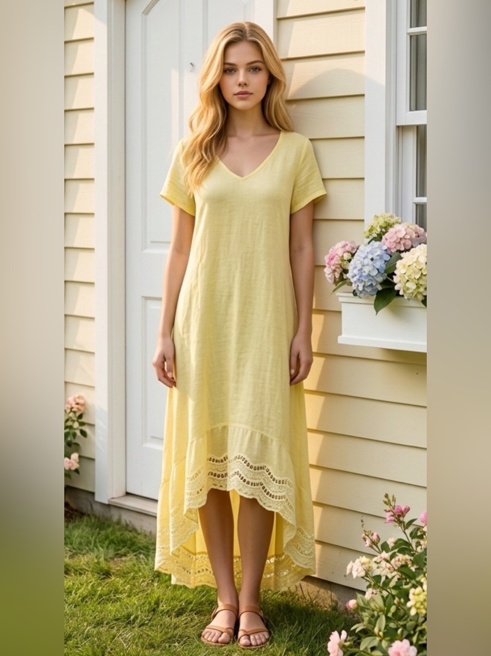 Sunshine V-Neck High-Low Dress with Lace Hem